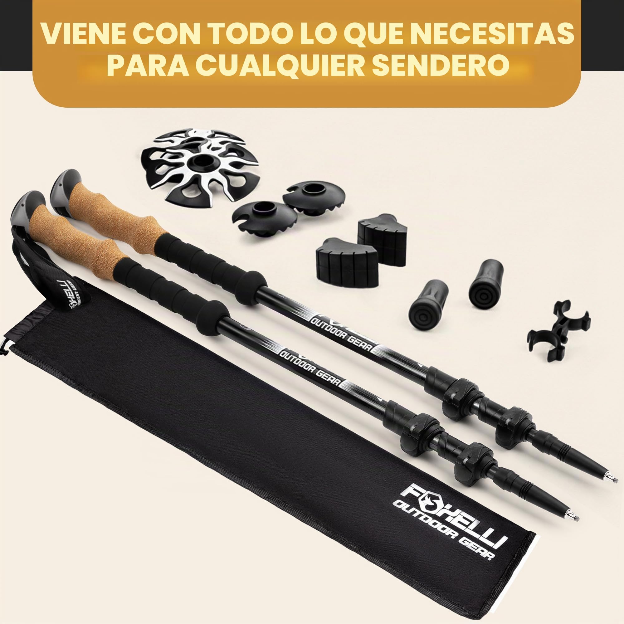 Foxelli Bastones de Senderismo de Fibra de Carbono – Bastones de Senderismo Plegables Ligeros, Bastones de Senderismo Que absorben los Golpes con agarres de Corcho Natural, cerraduras abatibles,