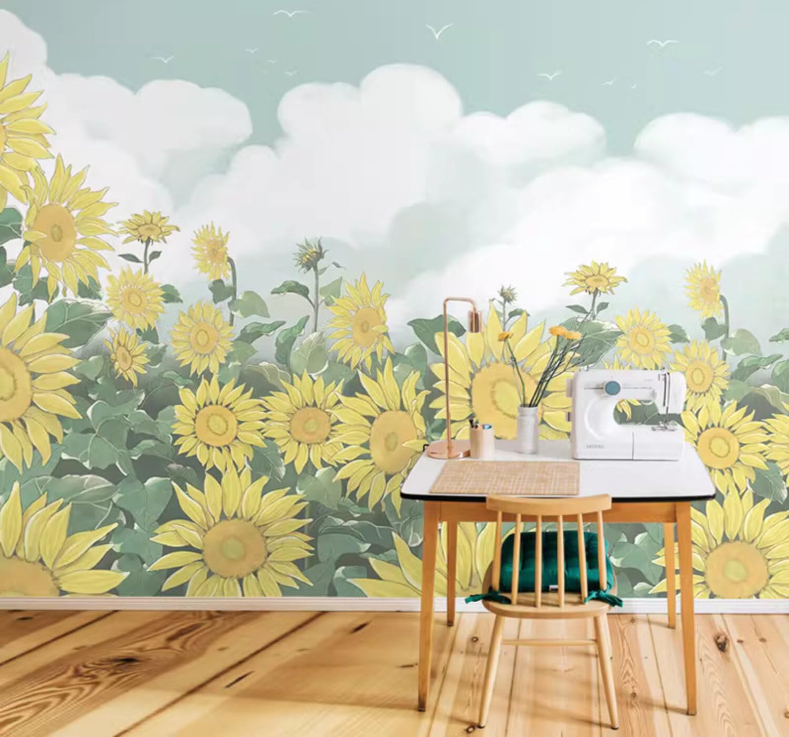 Rural Cosy Sunflowers White Clouds Fresh 3D Wallpaper Easy Install Feature Office Living Room Sofa Bedroom TV Background Wall Decoration-430cm×300cm