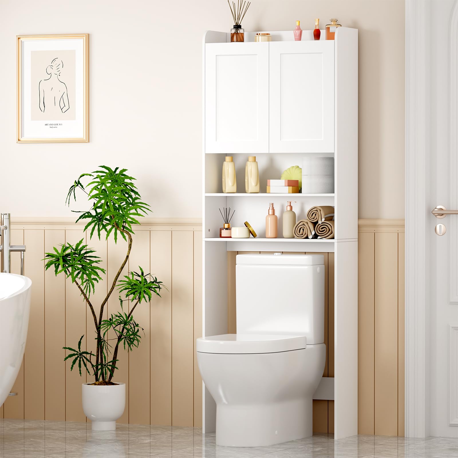 BEWISHOME Estantería sobre Lavadora,Mueble para Lavadora con Estantes Ajustables,2 Puertas y 2 Espacios Abiertos,Armario instalable sobre Lavadora,Inodoro y Secadora,24×65×185 cm,Blanco EYYG19W