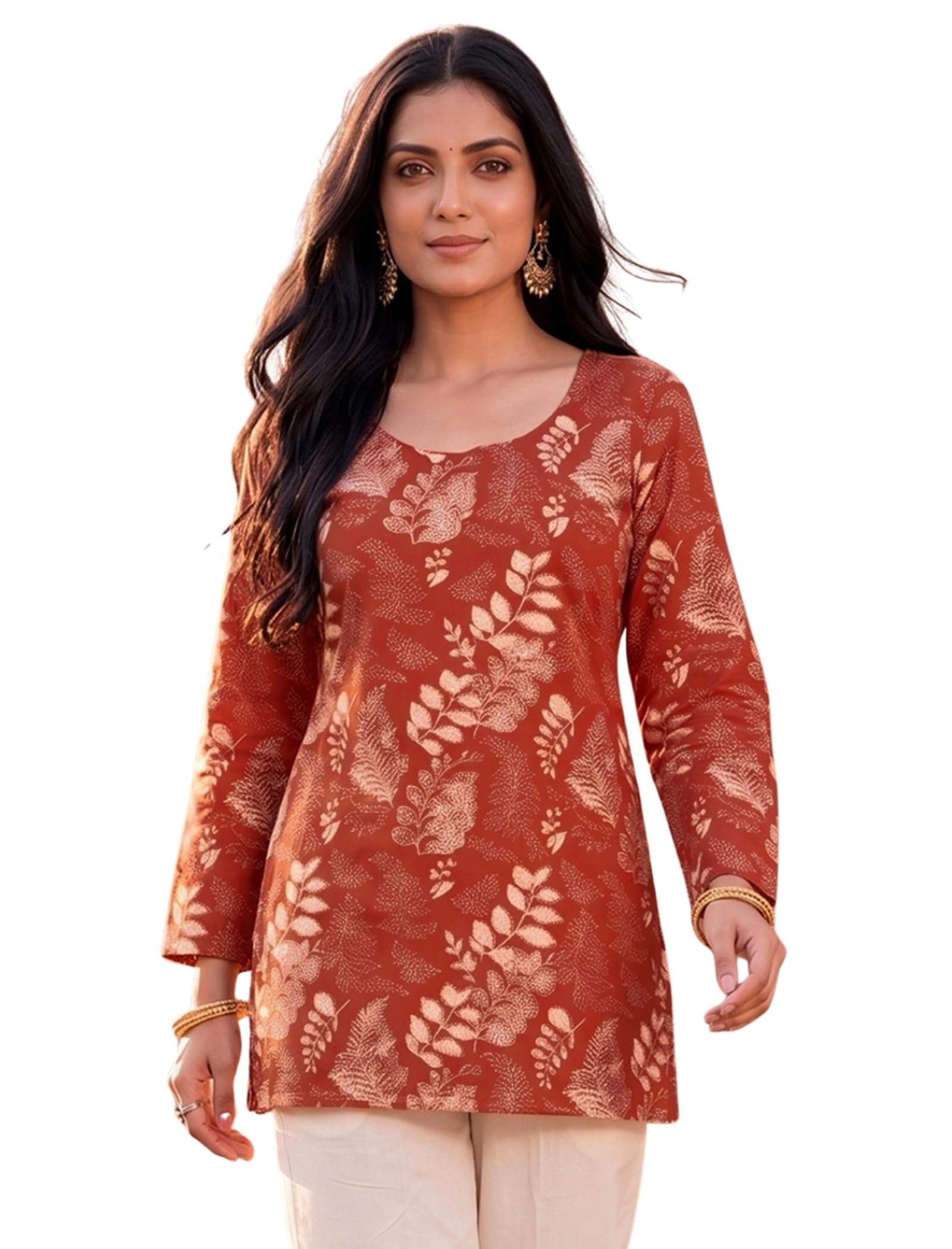 Women's Cambric Short Kurta with Round Neck Full Sleeves Leaf Printed Pattern Regular Fit and Thigh Length | Casual Tunic Top for Womans | Women Stylish Kurta Daily Use | Latest Kurtis-image-35