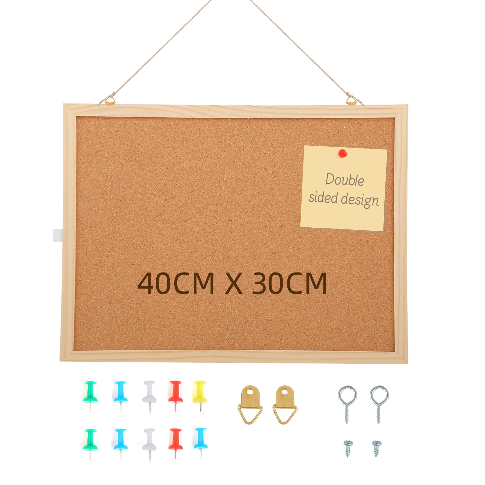 Kurkbord, 40 x 30 cm, kurkbord, met 5 spelden, kurkbord met houten frame, ideaal voor kantoor, school, slaapkamer en thuis, hoogwaardige kurkwand, notitiebord, veelzijdig en praktisch