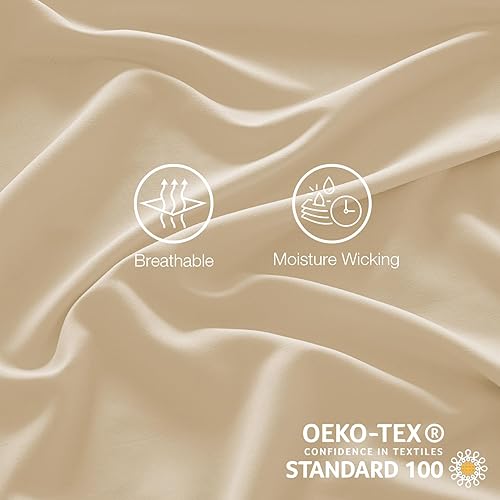 Miniatura 5 de Juego de sábanas de tamaño matrimonial color beige, juego de sábanas bajeras y fundas de almohada de bolsillo profundo, 4 piezas de microfibra suave