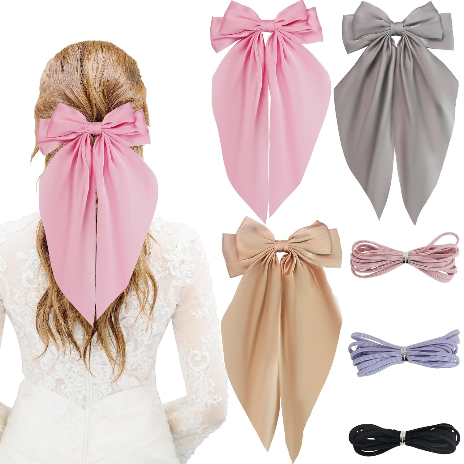 3Pcs Large Satin Silky Hair Bow Clips - Ribbon Hair Accessories for Women and Girls - Perfect for Daily Wear, Special Occasions, and Gifts - Stylish Hair Ties for All Hair Types PD167Gray&Pink