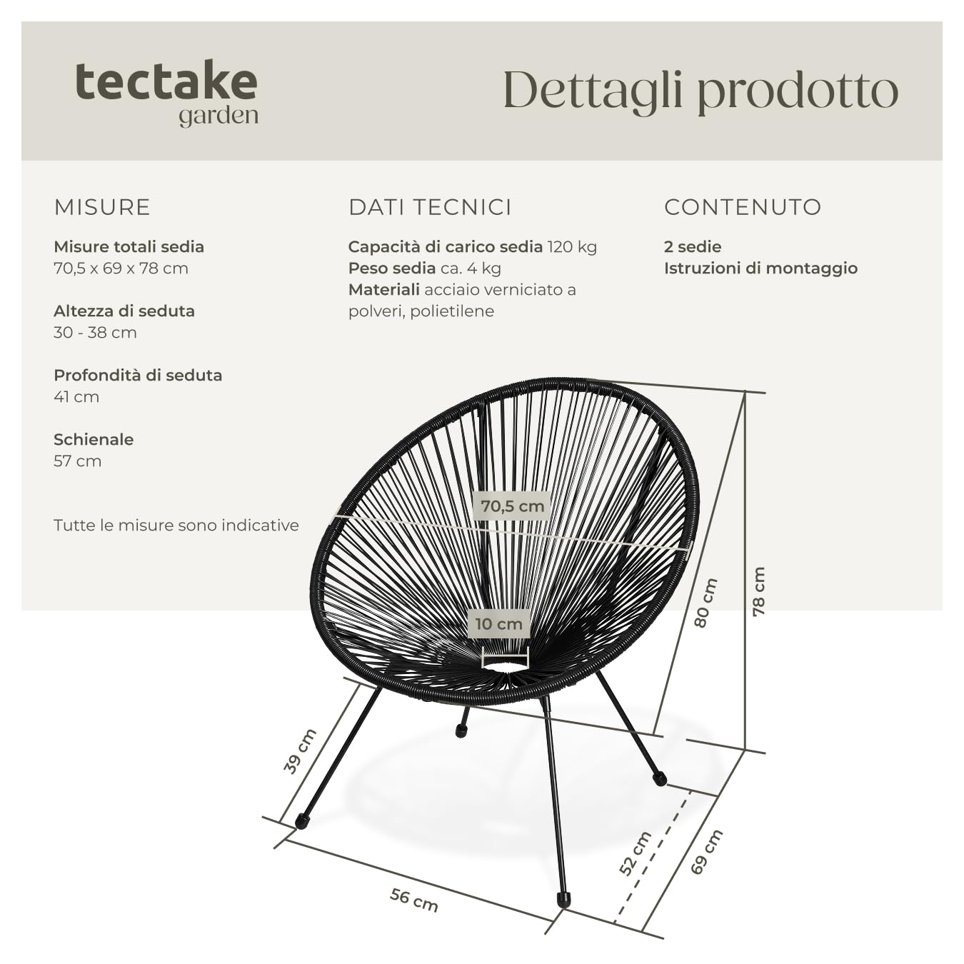 tectake® Set 2 Sedie Santana, Confortevole Set Sedie in Stile Retrò, Robusto Telaio in Acciaio, Corde Elastiche in Polietilene, Adatto per Interni ed Esterni - Nero