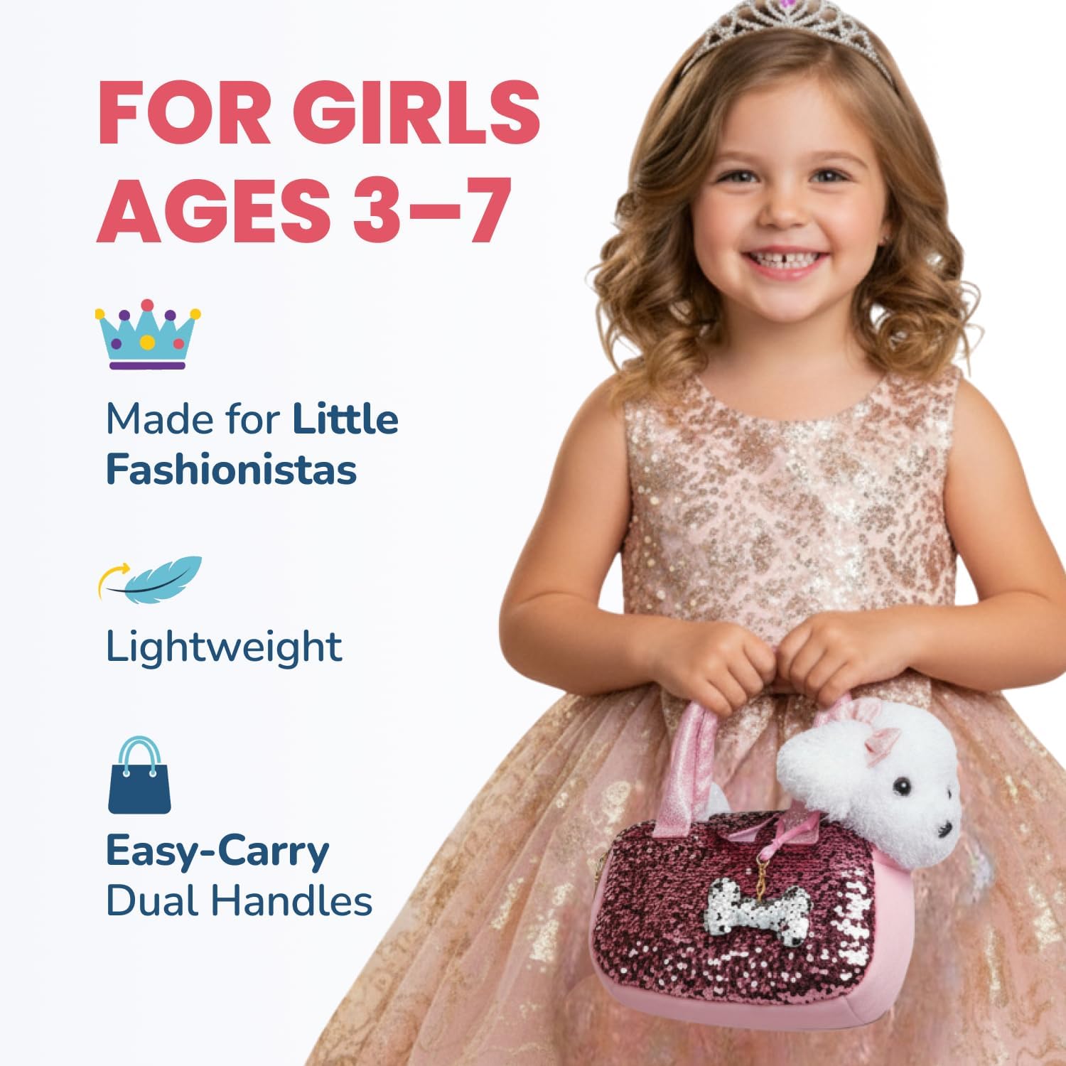 Little Jupiter Pet Plush Set with Purse w/Reversible Sequins & Charm - Stuffed Animal Toy for Kids Ages 4-5 - 6-7 - Stuffed Animal Purse - Stuffed Animals for Girls - (White Labradoodle) - Image 2