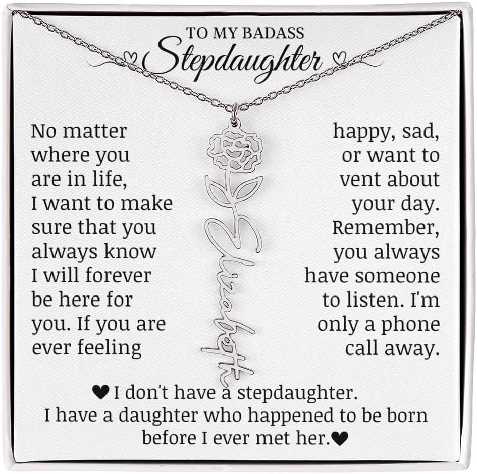 Stepdaughter Name Flower Necklace, Badass Step Daughter Gifts, Custom Personalized Birth Month Necklace Jewelry Card for Her, Present To Bonus Daughter From Stepmom Stepdad