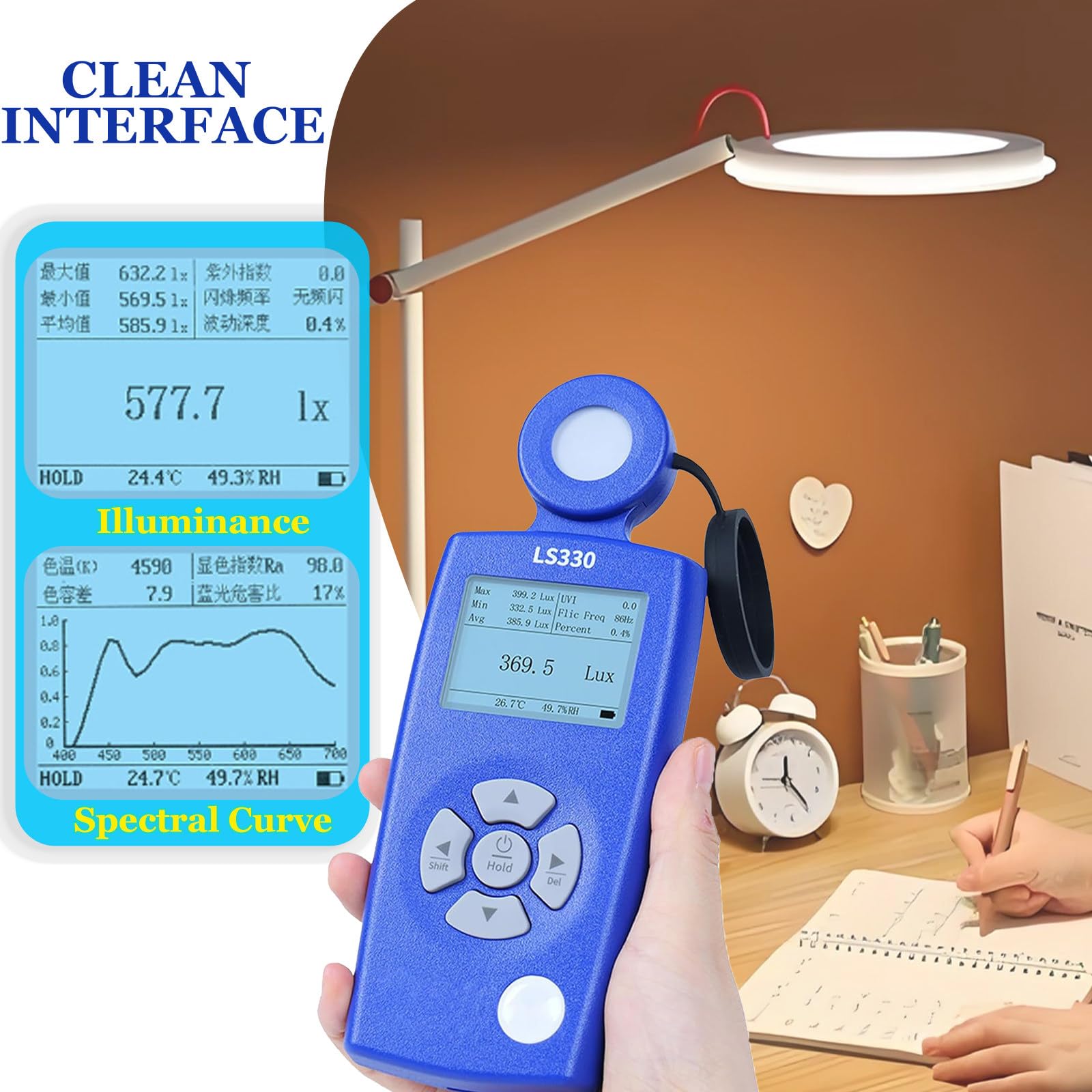 Luminómetro Digital de Alta Precisión, Luxómetro Profesional para Invernaderos, Luxómetro, índice UV, Medición de Frecuencia de Parpadeo para Luminarias
