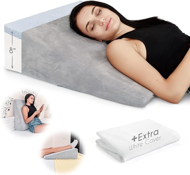 Bed Wedge Pillow Cooling Memory Foam Top  Elevated Support Cushion for Back & Neck Pain, Acid Reflux, Heartburn, Allergies & Snoring  Includes A Extra Ultra Soft White Washable Cover  8 Inch Wedge