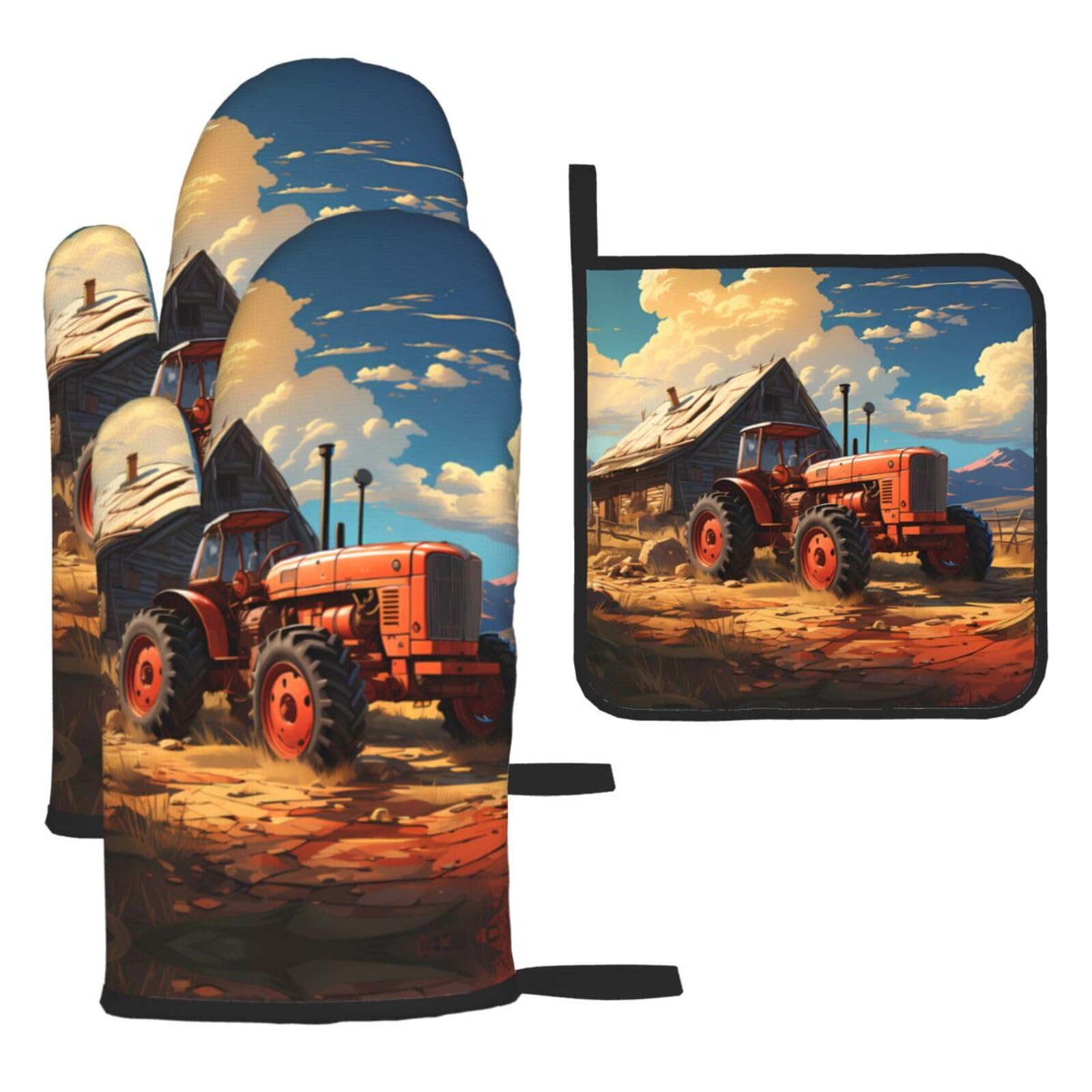 Farm Red Tractor Printed Kitchen Oven Mitt Set 3-Piece Heat Resistant Gloves with Pot Holder Mat for Cooking Baking BBQ
