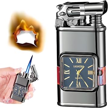 Windproof Dual-Flame Vintage Watch Lighter,2025 New Windproof Lighter Vintage Watch Bezel Jet Flame Torch (Black-A)