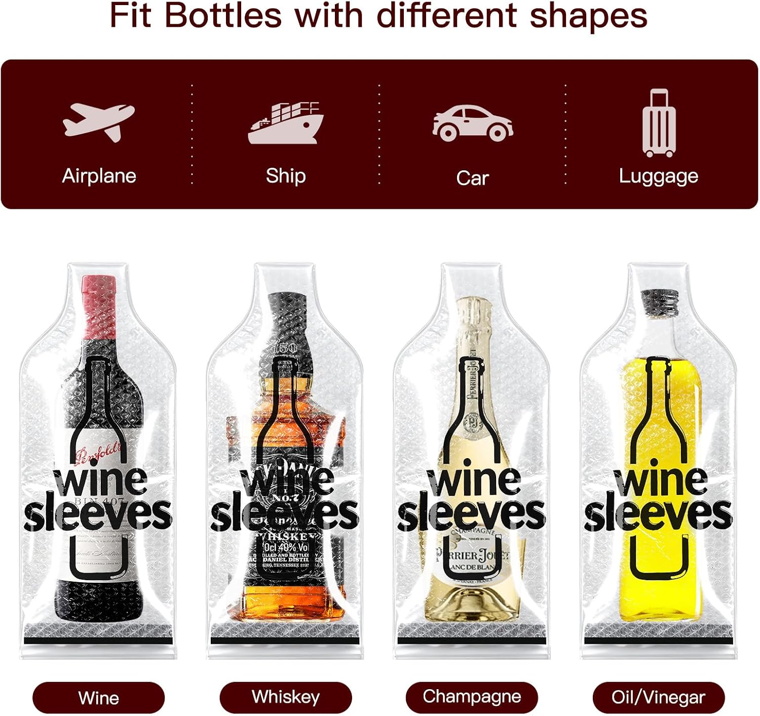 Napia Wine Bags Sleeves for Travel - 6 Pack Wine Skin Resealable Wine Bottle Travel Protector Bags, Leak Proof & Double Layer Bubble Protection Wine bag for Airplane, Car, Suitcase, Luggage
