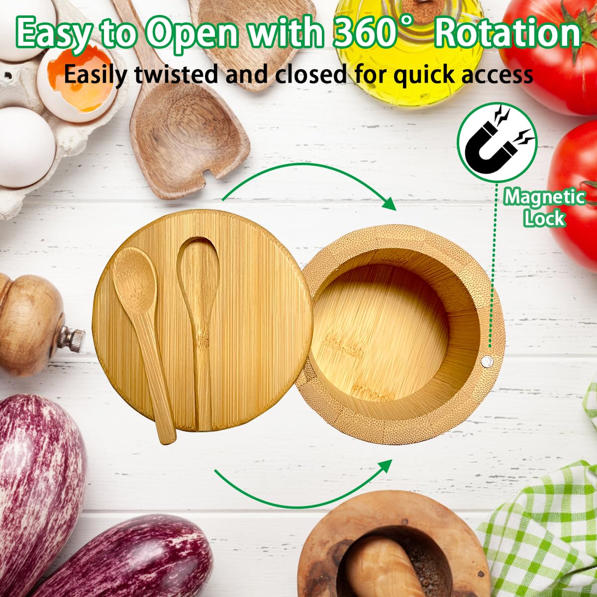 XingyLi 2Pcs Bamboo Salt Boxes, Round Salt and Spice Storage Box with Magnetic Swivel Lid and 6 Spoons - Image 4