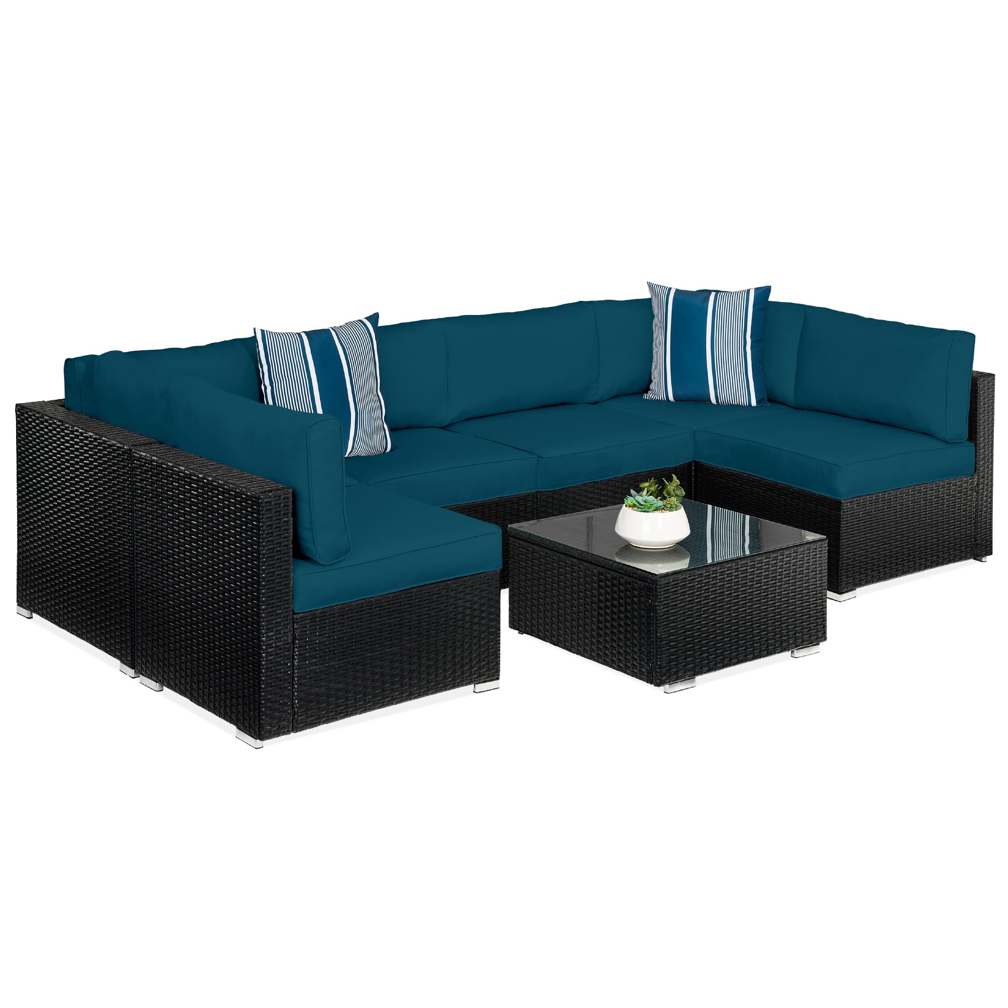 Best Choice Products 7-Piece Modular Outdoor Sectional Wicker Patio Conversation Set w/ 2 Pillows, Coffee Table, Cover Included - Black/Peacock