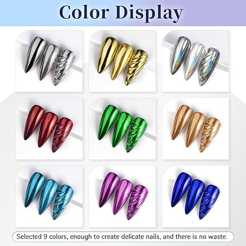 Miniatura 2 de Pretty Diva Polvo de uñas cromado, 9 colores, efecto espejo metálico, polvo de uñas rojo cromado, Navidad, rojo, verde, dorado, plateado, azul,