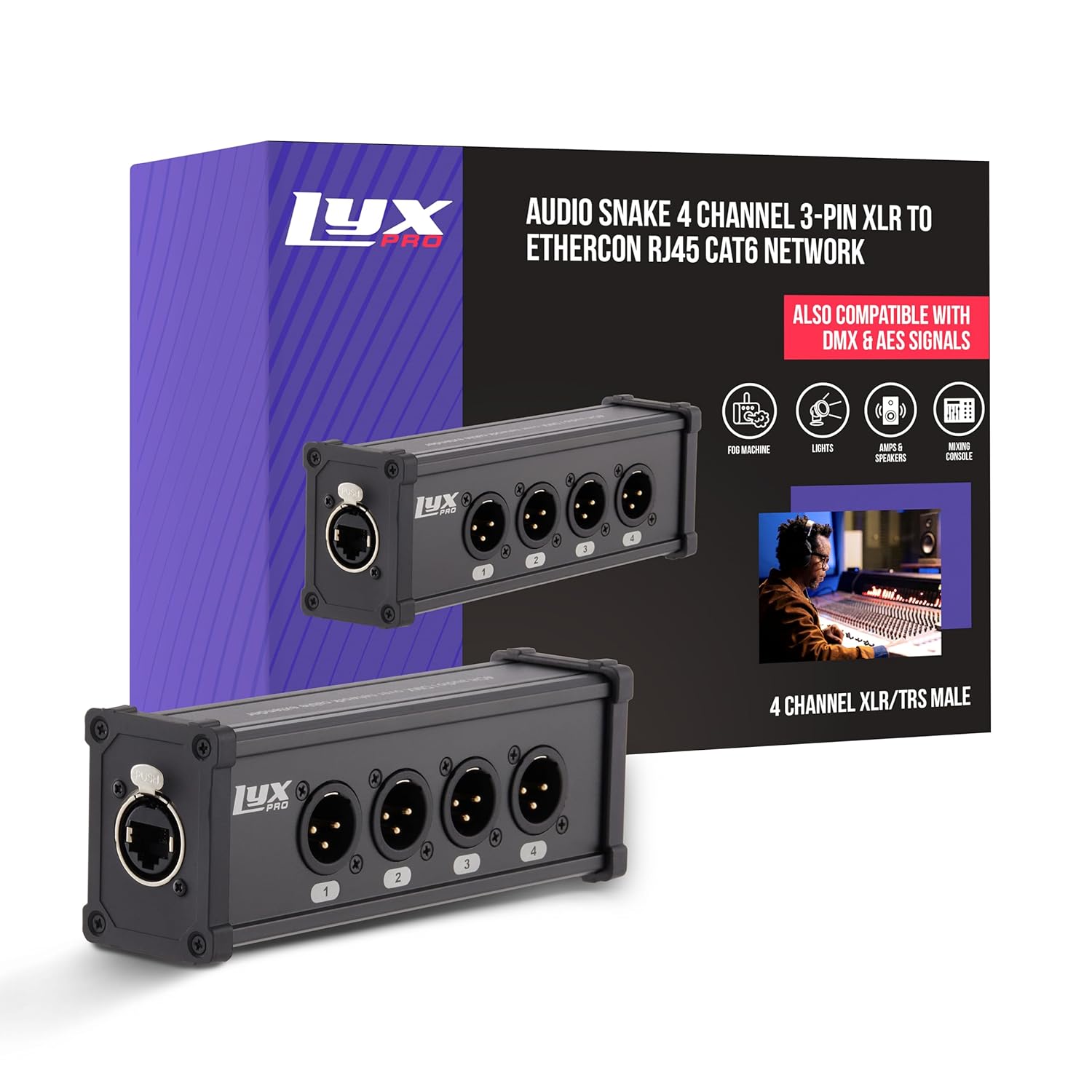 LyxPro 4 Channel Dual Input 3-Pin Multi-Network XLR Cable Breakout for Stage Sound, Lighting, and Recording Studio – Male to RJ45 Ethercon – Ideal for Sound, Lighting Setup, Ground Lift