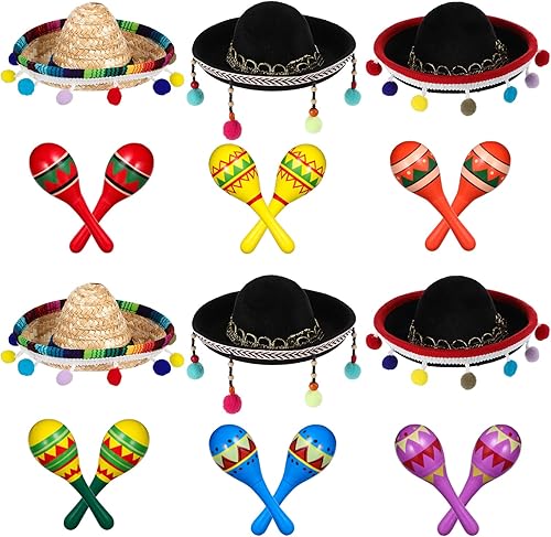 Miniatura 2 de Honoson 12 piezas de madera Fiesta Maracas 6 Cinco de Mayo Mini sombrero superior sombrero para sombrero decoración de fiesta mexicana (18 unidades,