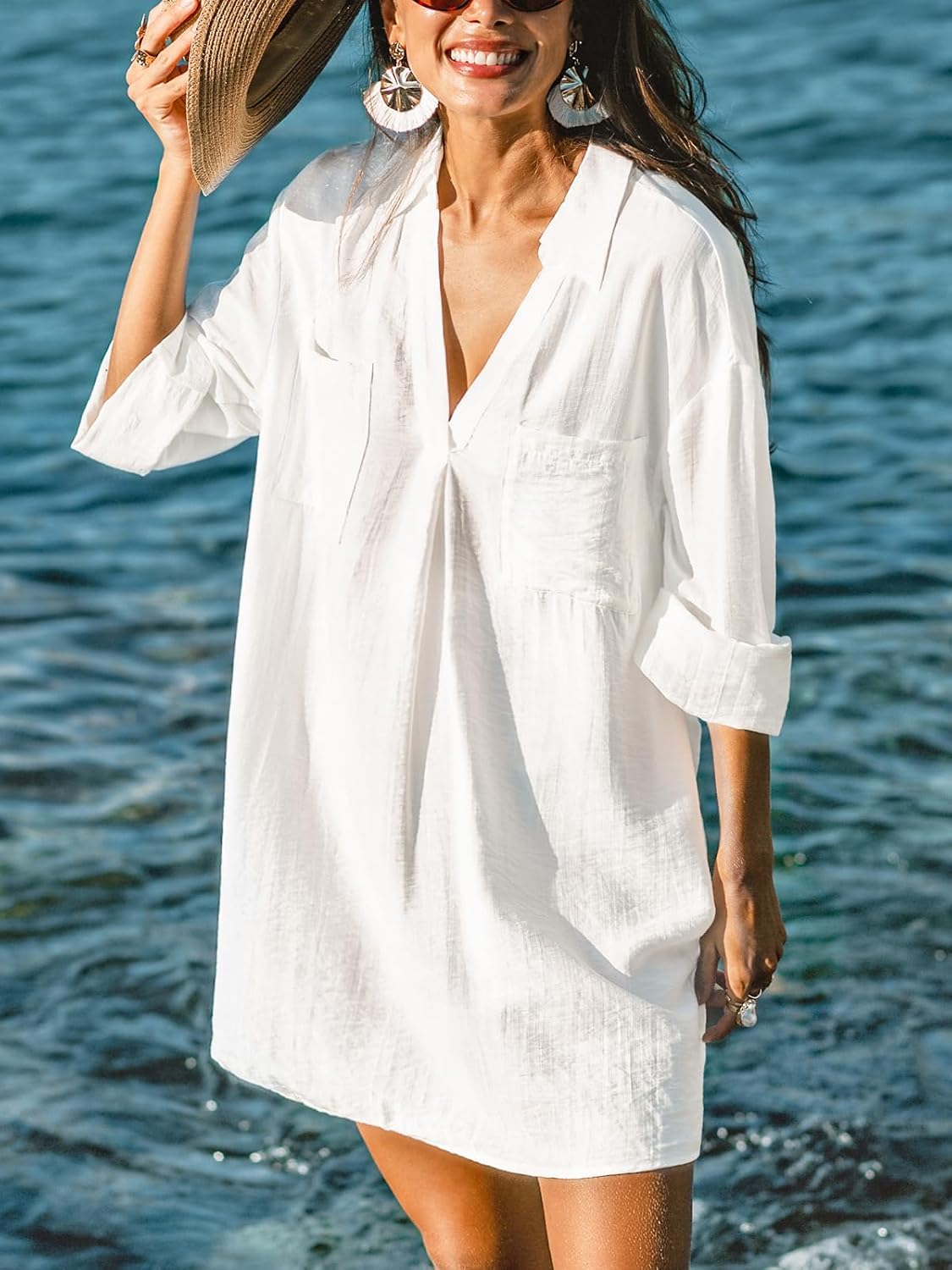 CUPSHE Women Swimsuit Shirt Coverup Lightweight Beach Dresses | V Neck Swim Shirt Cover Ups, Long Sleeve Bathing Suit Coverup for Women, Mini Beach Coverup Dresses with Chest Pockets