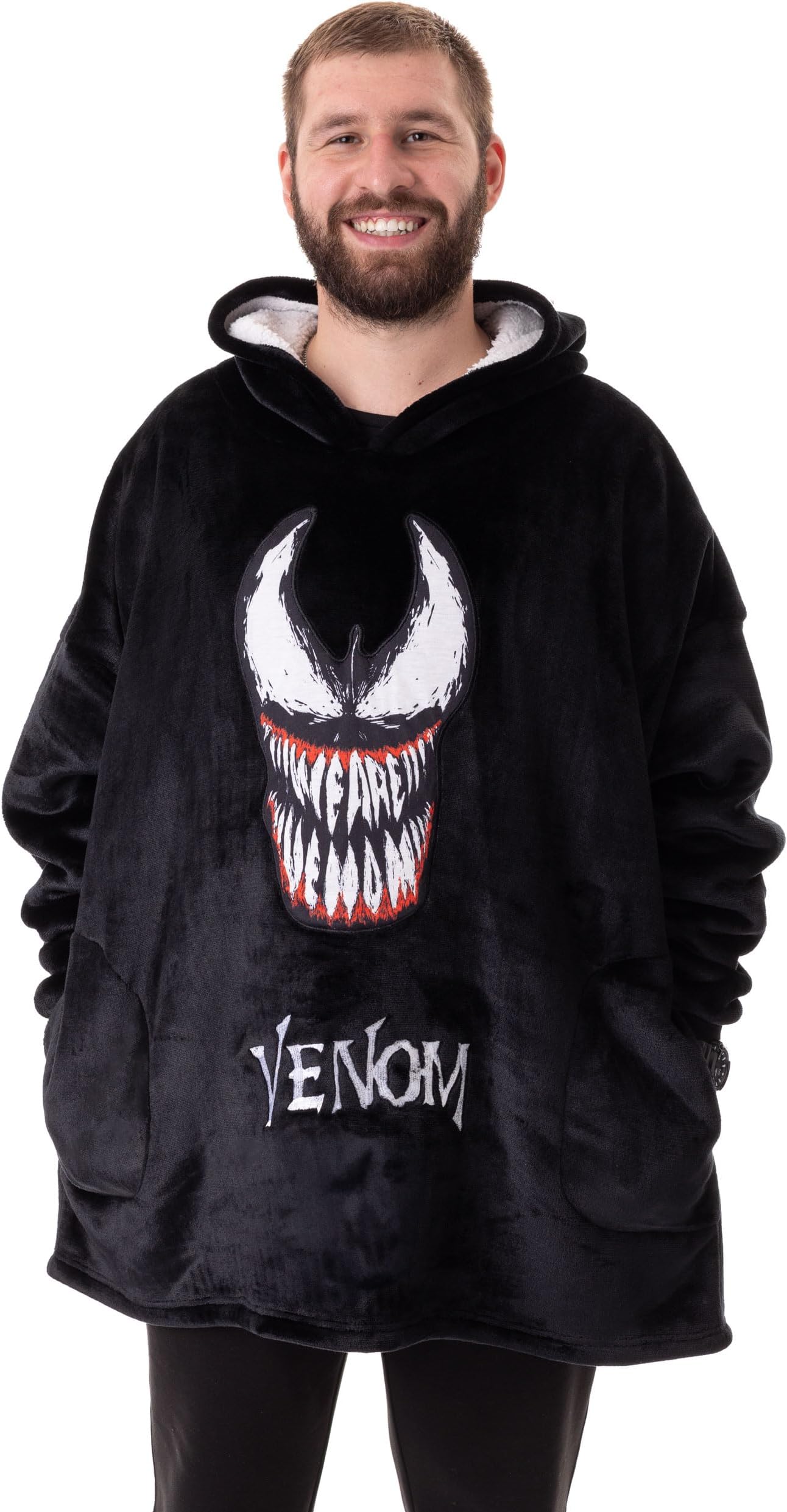Venom Mens Wearable Blanket Hoodie | Adults Fleece Hooded Pullover in Black with Venom Character | Sherpa Lined Loungewear with Pockets | Official Comics Superhero Movie Merchandise Gift