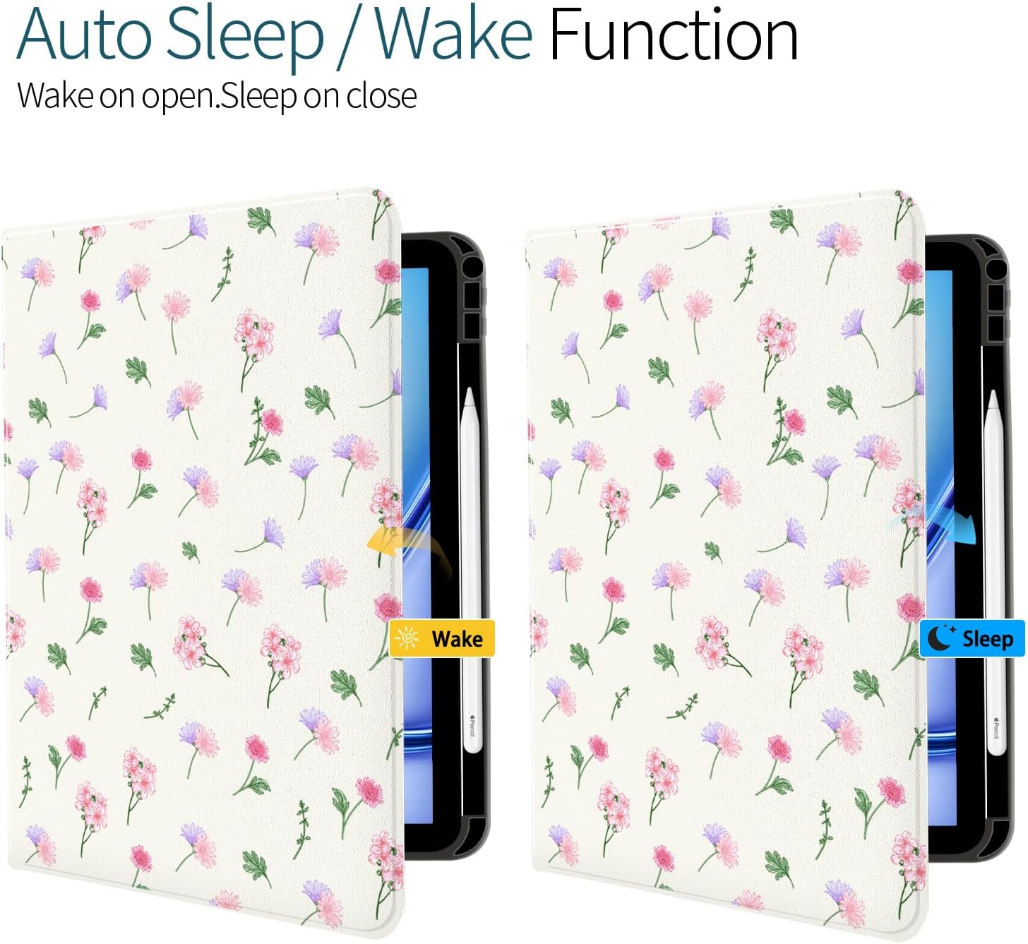 JOYLAND Floral Case for iPad Pro 12.9 inch 2022/2021,Cute Flowers and Leaves Pattern Anti-Scratch Shockproof Premium Folio Stand Case with Pencil Holder,for iPad Air 13 Inch 2024