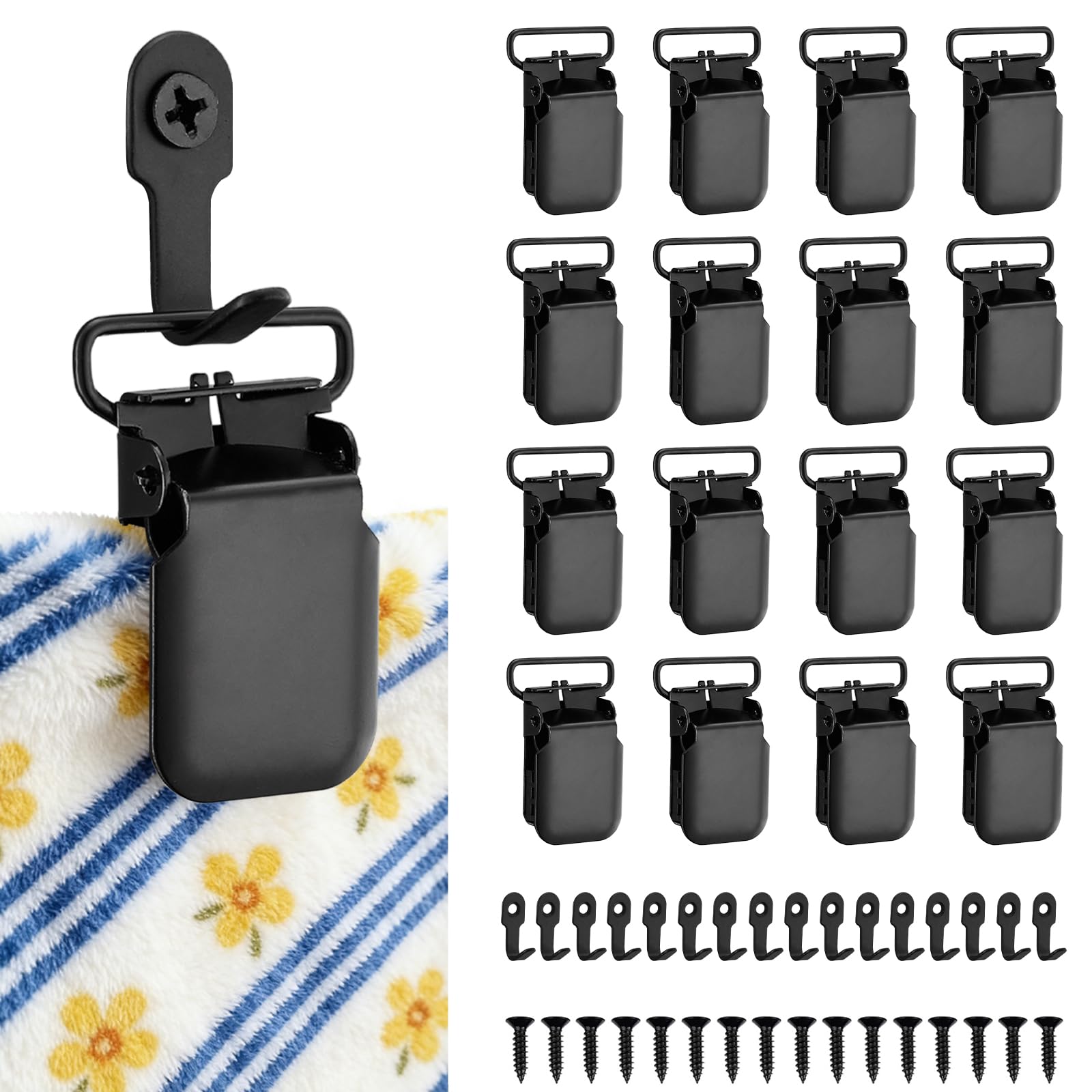 DOODLREAM 16 Pack Tapestry Hangers, Heavy Duty Black Metal Rug Clips with Hooks & Screws, Non-Slip Wall Hanging Clips for Quilt, Carpets, and Curtains, Home Decor