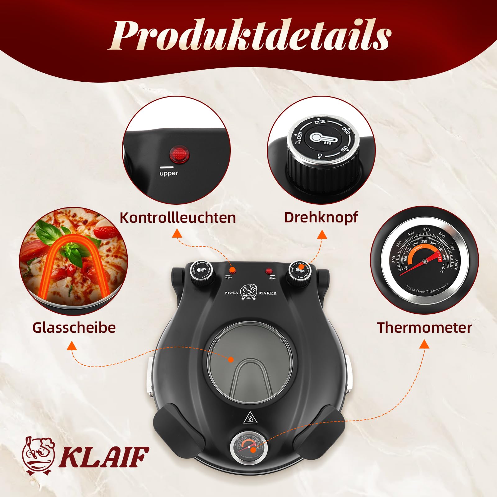 KLAIF Elektrischer Pizzaofen 420 °C 31 cm Keramik-Pizzastein 1200 W separat regelbare Ober- und Unterhitze