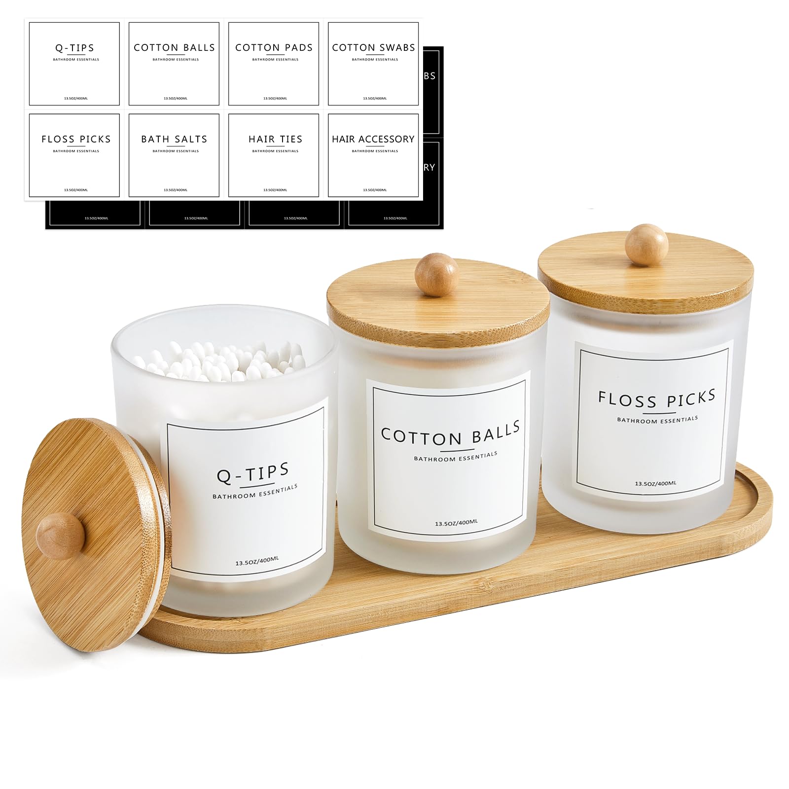 Qtip Halter Badezimmer-Set mit Tablett, 383 ml, Baumwolle, runder Ball-Pad-Halter, Wattestäbchen-Spender, Glas-Apothekergläser mit Deckel, Badezimmer-Organizer und Aufbewahrungsbehälter, 3 Stück