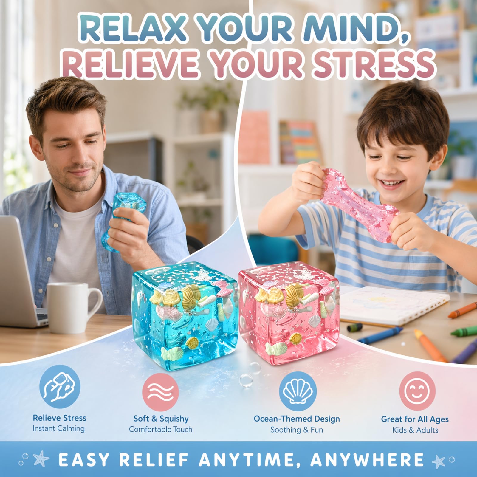 2 Stück Squishy Ice Cube Stresswürfel, 5.5CM Nice Ice Cube Squishy, Ozean Muscheln Eiswürfel Fidget Toys, Relief Sensory Squeeze, Anti Stress Sensorik Geschenke Spielzeug für Kinder & Erwachsene