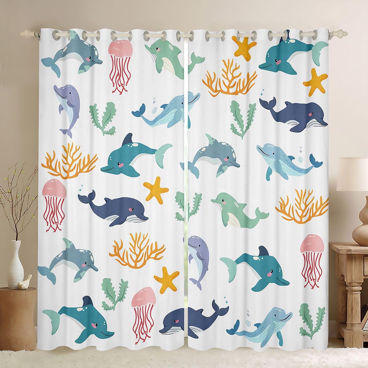 Homemissing Tende oscuranti con stampa di delfini per camera da letto, soggiorno, stelle marine, meduse, corallo, tende oscuranti a tema oceano