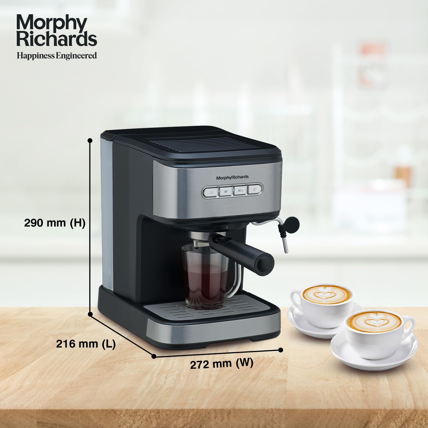 Morphy Richards Impresso Coffee Maker with dimensions labeled: 290 mm (H), 216 mm (L), 272 mm (W).