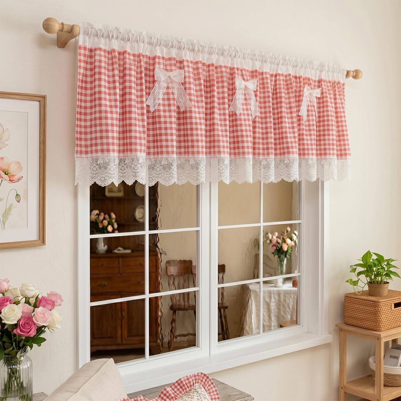 Red Gingham Ruffled Lace Valance Removable Bows Cottage 60W x 18L | Delicate Scalloped Lace Trim with Vintage Embroidered Floral, Light-Filtering Fabric Rod Pocket for Kitchen Sink&Cafe Window