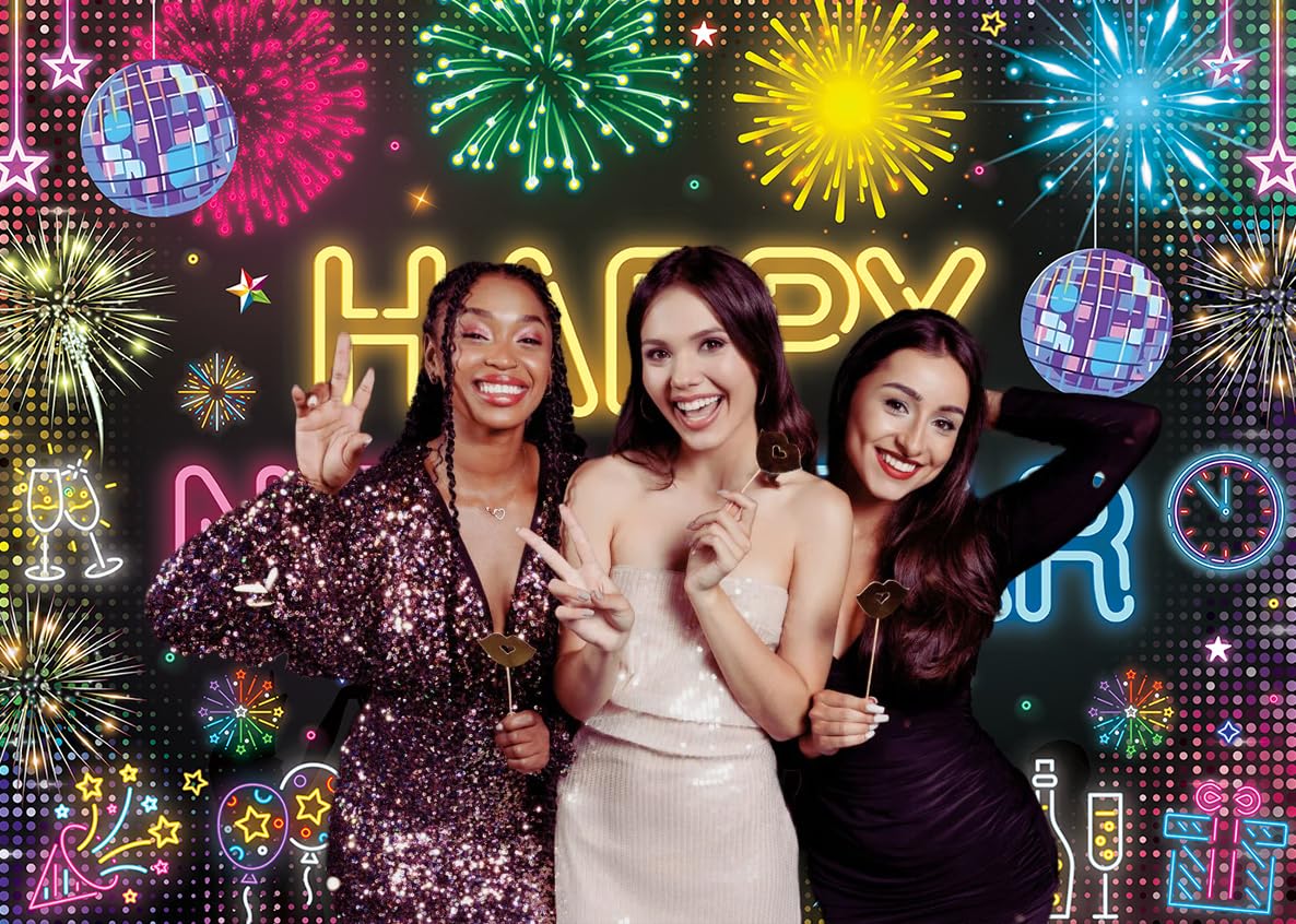 Toile de fond néon Happy New Year Disco phosphorescente pour fête du Nouvel An - Décorations de feux d'artifice couleur néon pailletée 2026 NYE - Fournitures de fête - Accessoires photo (8X6FT (244 x