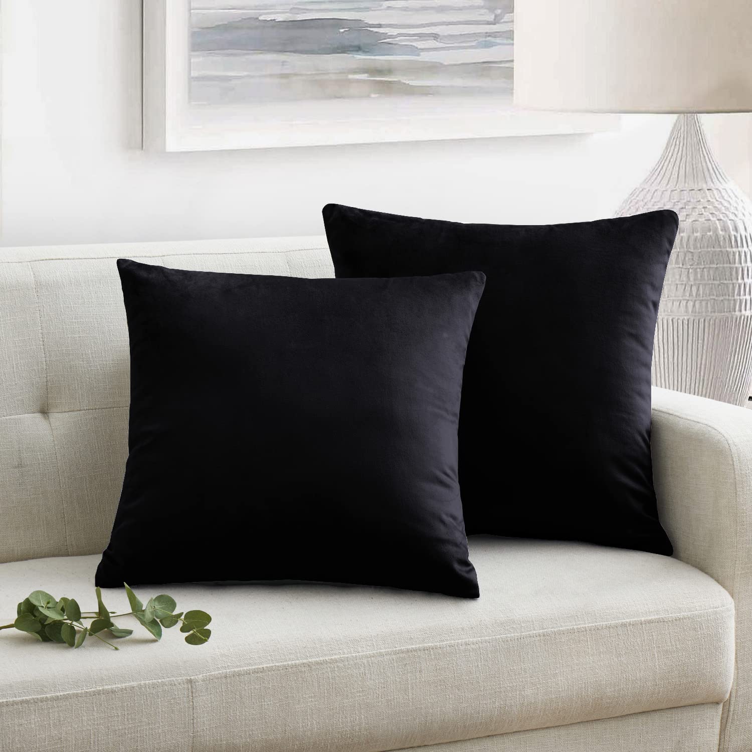 Oxford HomewareVelvet Cushion Covers 45 x 45 cm 2 Pack Square Throw Pillow Cases Decorative Black Cushion Cover for Sofa Bedroom Living Room with Invisible Zipper (18 x 18 Inch)