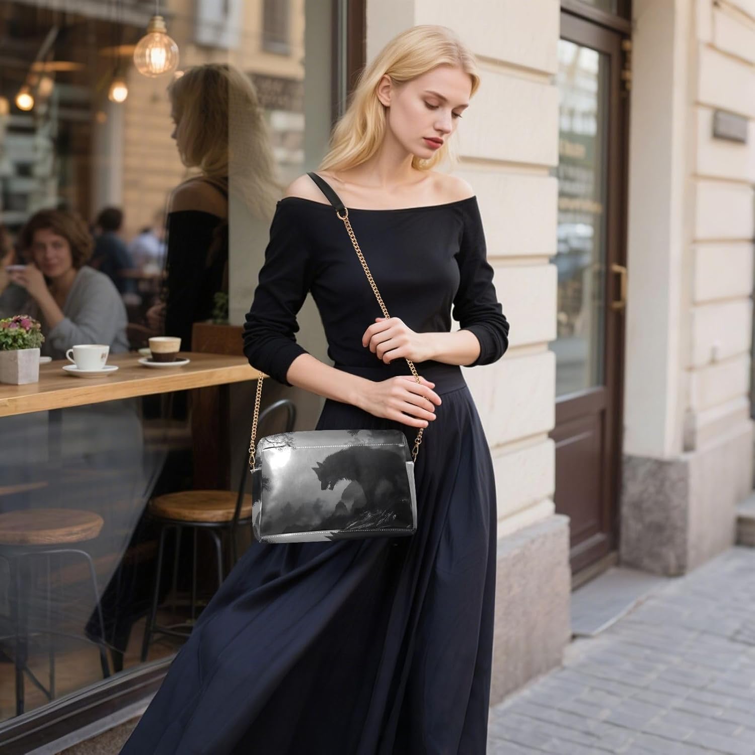 Night Wolf Moon Women's PU Leather Crossbody Bag Shoulder Handbag Cellphone Purse with Metal Chain Strap Water Resistant Zipper Closure