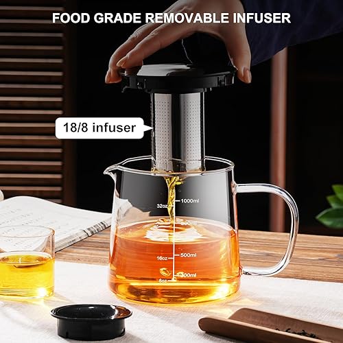 Miniatura 3 de PARACITY Estufa de vidrio de 40 onzas39.9 fl oz, tetera con infusor extraíble de acero inoxidable 188, tetera transparente de borosilicato, tetera