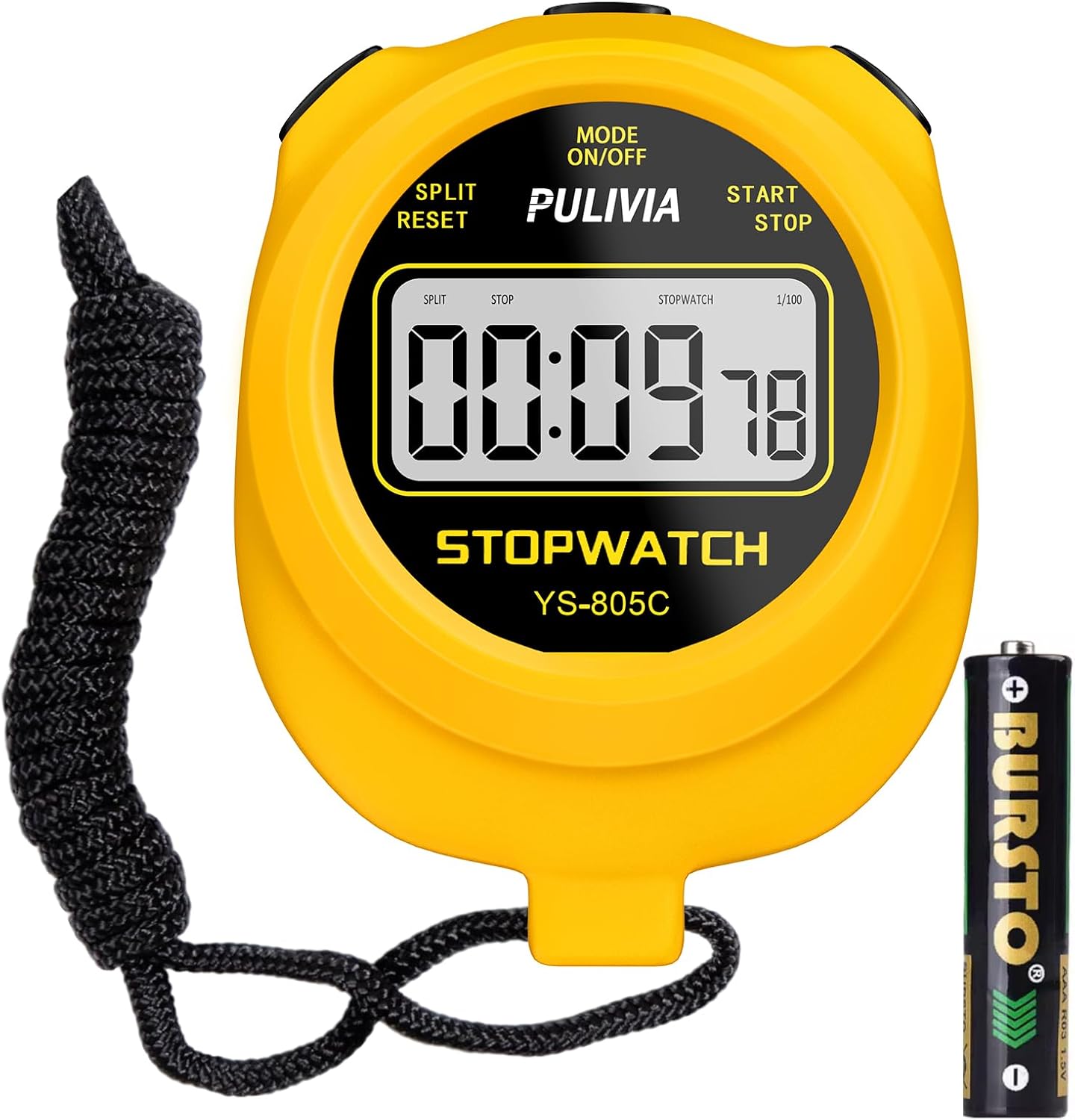 Stopwatch Timer with Countdown, Simple Operation Digital Stop Watch for Sports, Countdown-Alarm Button-Sound, AAA Battery Included (Yellow)