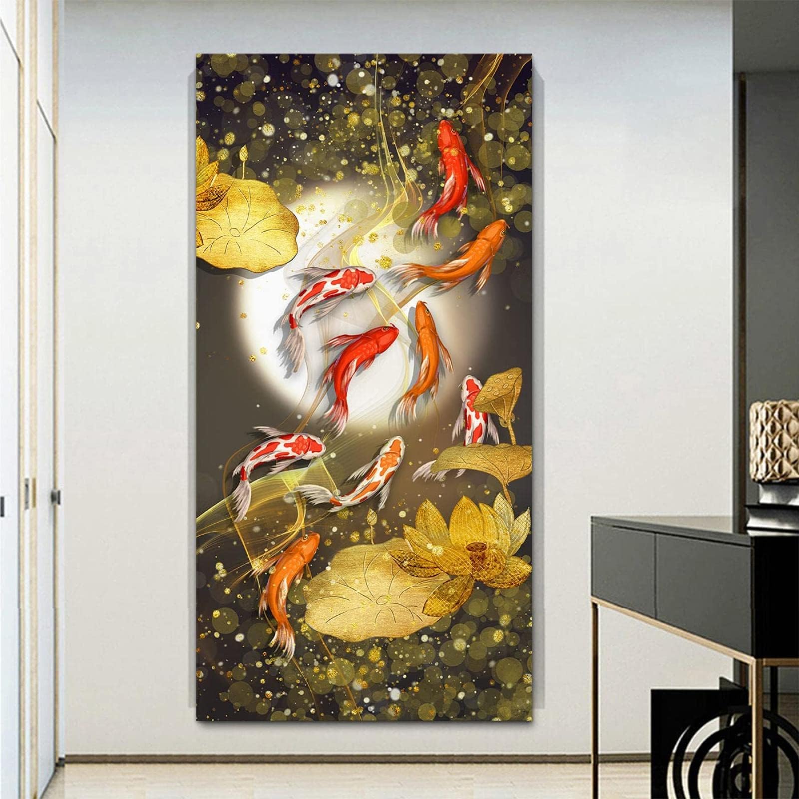 DHFGHFJ Cuadro decorativo de estilo nórdico moderno: Loto y nueve peces koi – Arte para la pared del dormitorio (70x140cm/Sin marco)