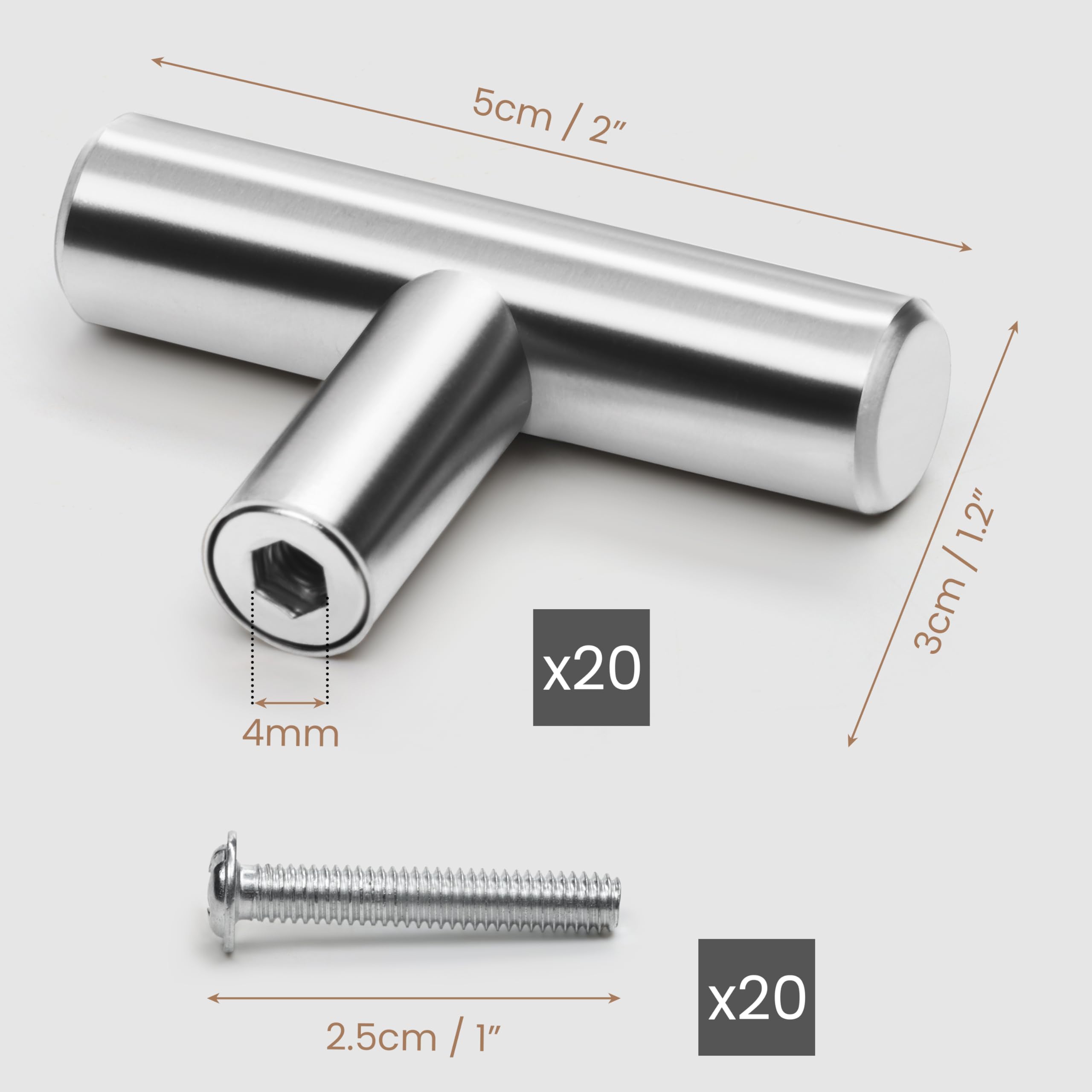 BELLE VOUS Pack de 20 Tiradores Cocina Gabinetes Pomos Barra T Níquel Cepillado – 50mm Pomos Acero Inoxidable Plateado - Tiradores Armarios Dormitorio, Cajones, Puertas, Muebles, Baños, Muebles