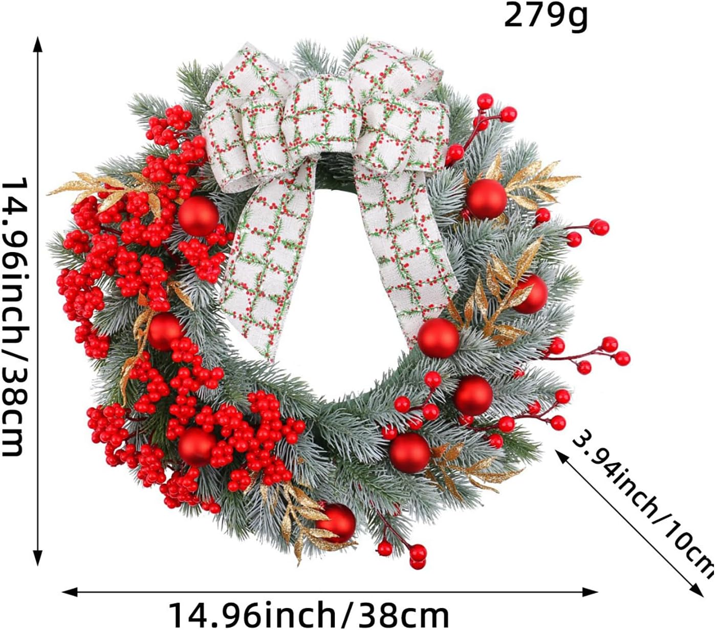 MINGZHE 14.96 in Artificial Christmas Wreaths, Front Door Wreath, Hanging Decorative Wreath with Red Berries, Bowknot, Balls Ornaments for Christmas Home Decor