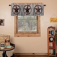 Vista 2 de Cortina de cenefas de estrella de campo occidental para cocina, cafetería, estrellas de hierro rústico sobre puerta de granero de madera, cenefa