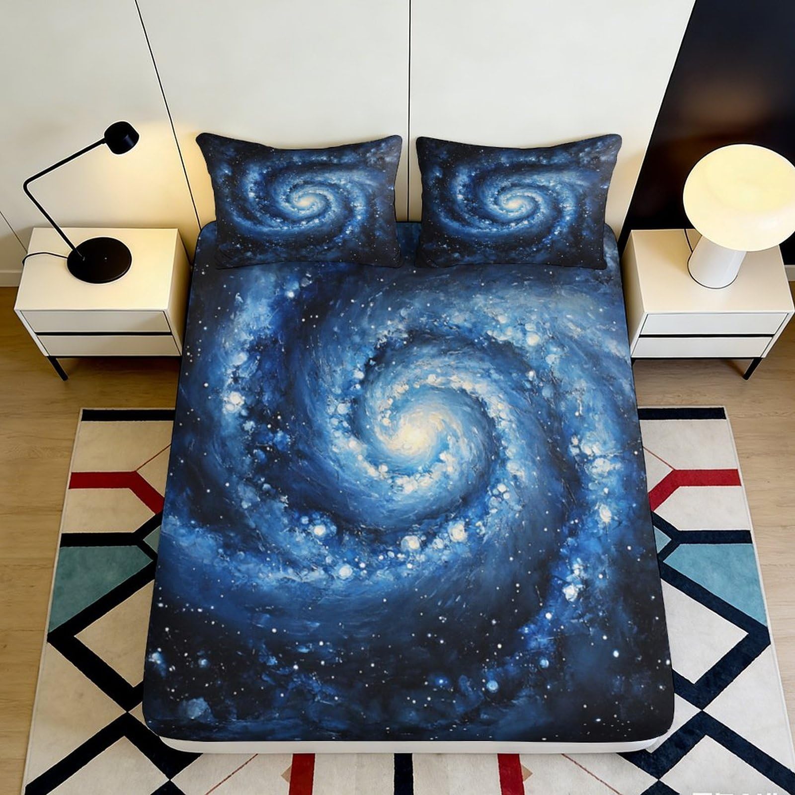 3D Printed Galaxy Starry Sky Fitted Sheet Microfiber Soft Blue Cosmic Nebula Mattress Cover for Bedroom Dorm 160x200x25cm