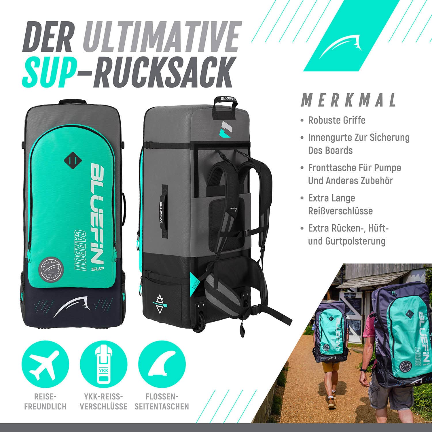 Bluefin SUP Aufblasbares Stand Up Paddle Board | Cruise Carbon SUP Board | Mit weiteren Zubehörteilen wie Pumpe, Tragetasche und Paddel | Mehrere Größen: 10'8, 12'