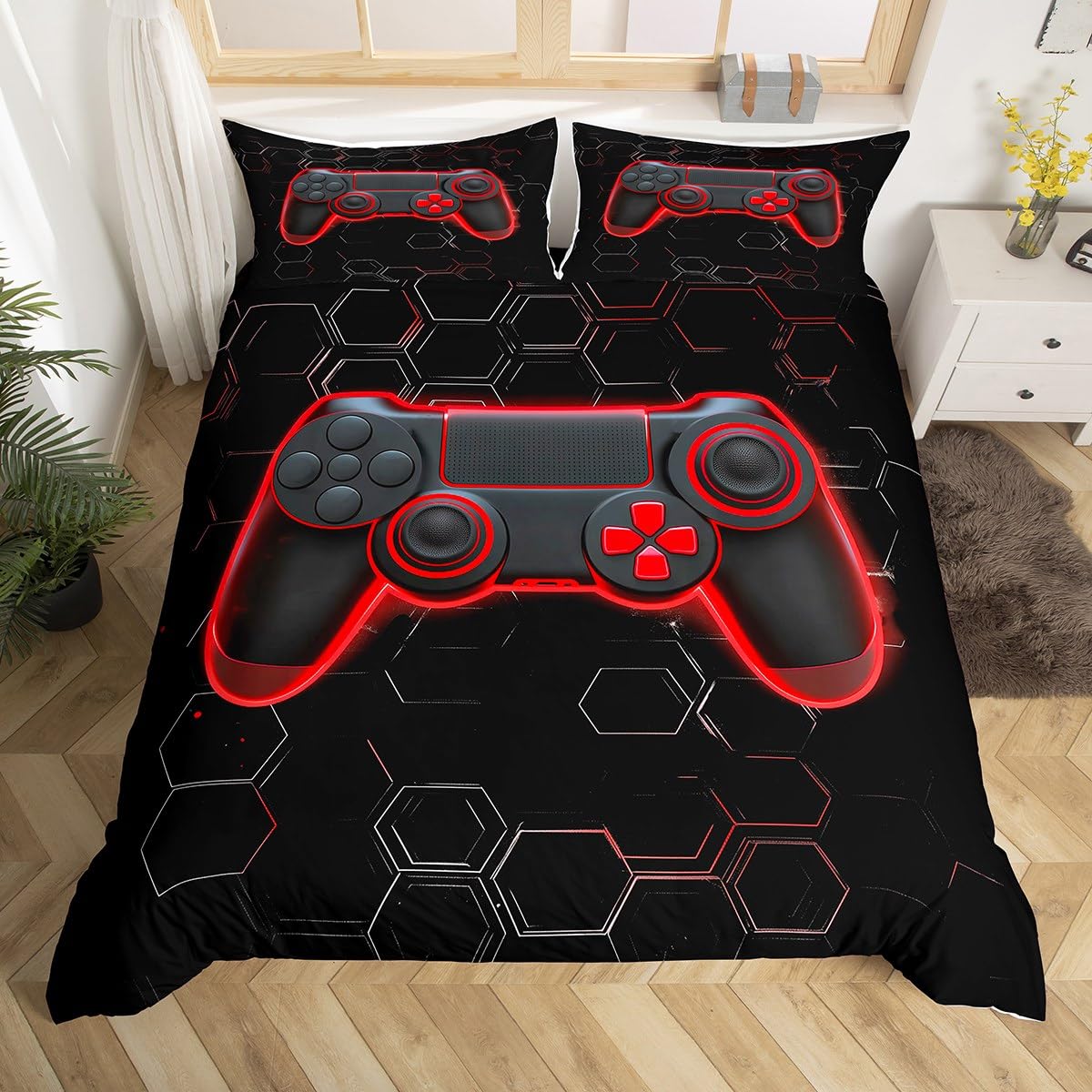 Loussiesd Honeycomb Gamer Duvet Cover Set Single Size For Kids Boys Teens Hexagonal Gaming Bedding Set Red Neon Gamepad Comforter Cover with 1 Pillowcase Game Console Controller Beds Set