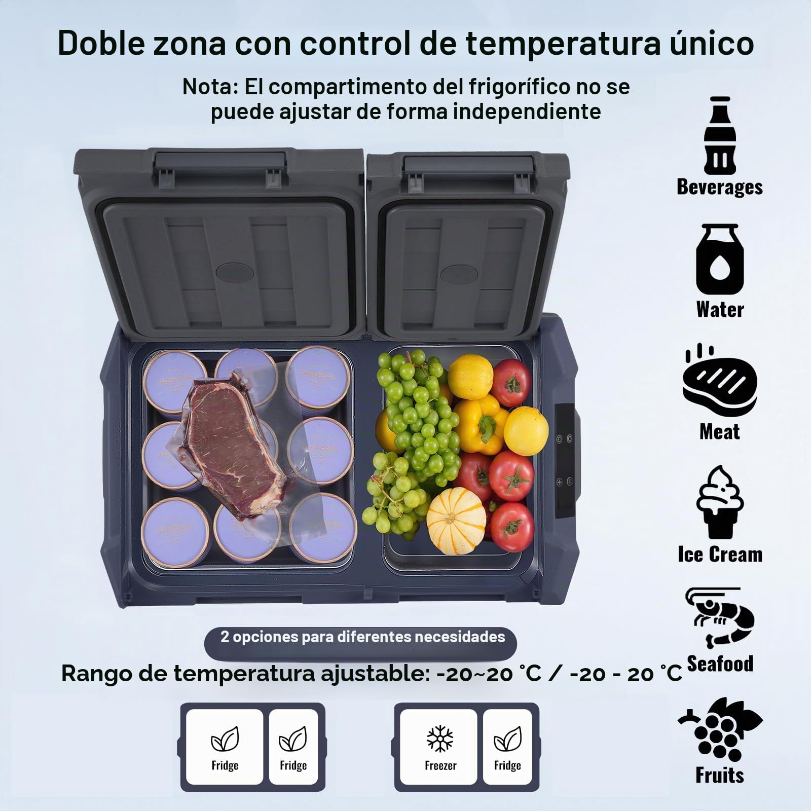 VEVOR Nevera de Compresión Portátil 25 L Mini Nevera para Coche 12/24V CC y 100-240V CA Caja Enfriadora de Doble Zona Temperatura Ajustable de -20°C a 20°C para Camión Barco Casa Camping