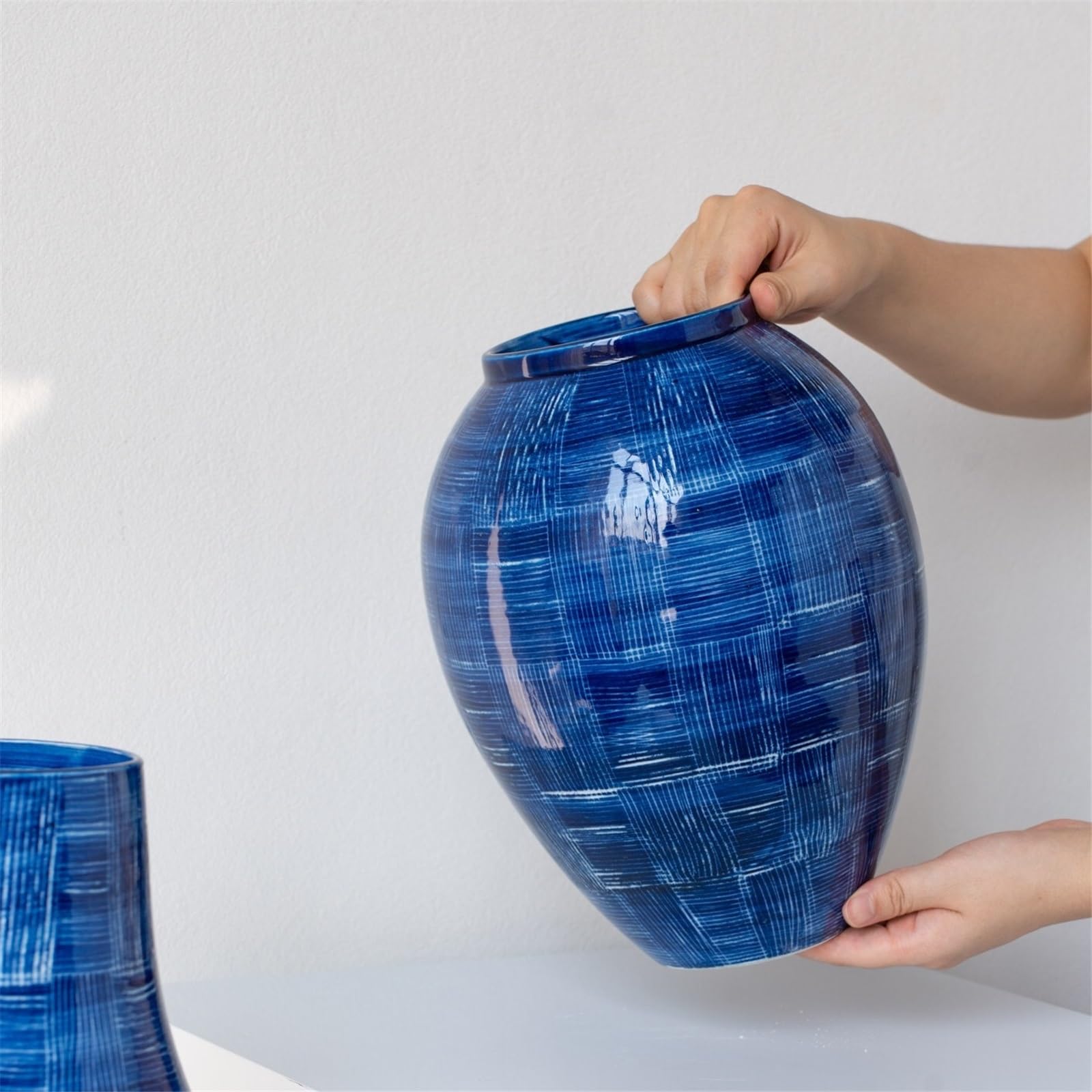 Vasen Blaue Keramik-Kunstvase, leichte Luxus-Wohnzimmer-Esstisch-Dekoration, Ornament, Blumen-Übertopf