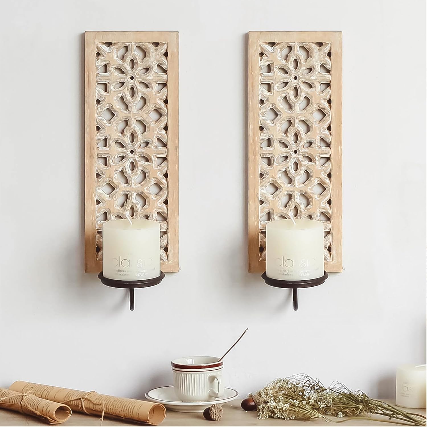 SOFFEE DESIGN Set of 2 Wooden Faux Window Wall Sconces, Asian-Inspired Natural Wood with Carved Motifs, Black Iron Candle Tray for Pillar Candles, Rustic Farmhouse Hallway Decor
