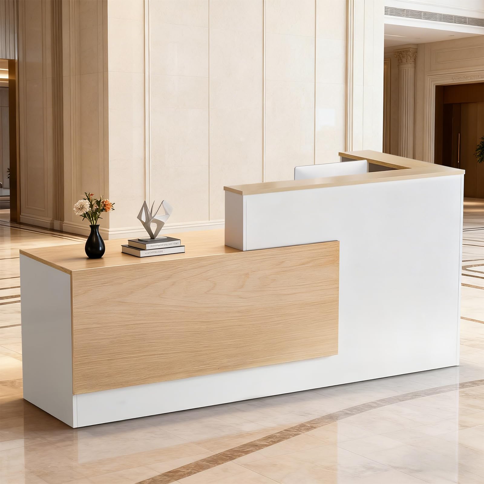 L-Shaped Large Wooden Reception Desk, Modern Front Desk Reception Counter with Lockable Drawers & Storage & Keyboard Tray, for Checkout, Lobby (
