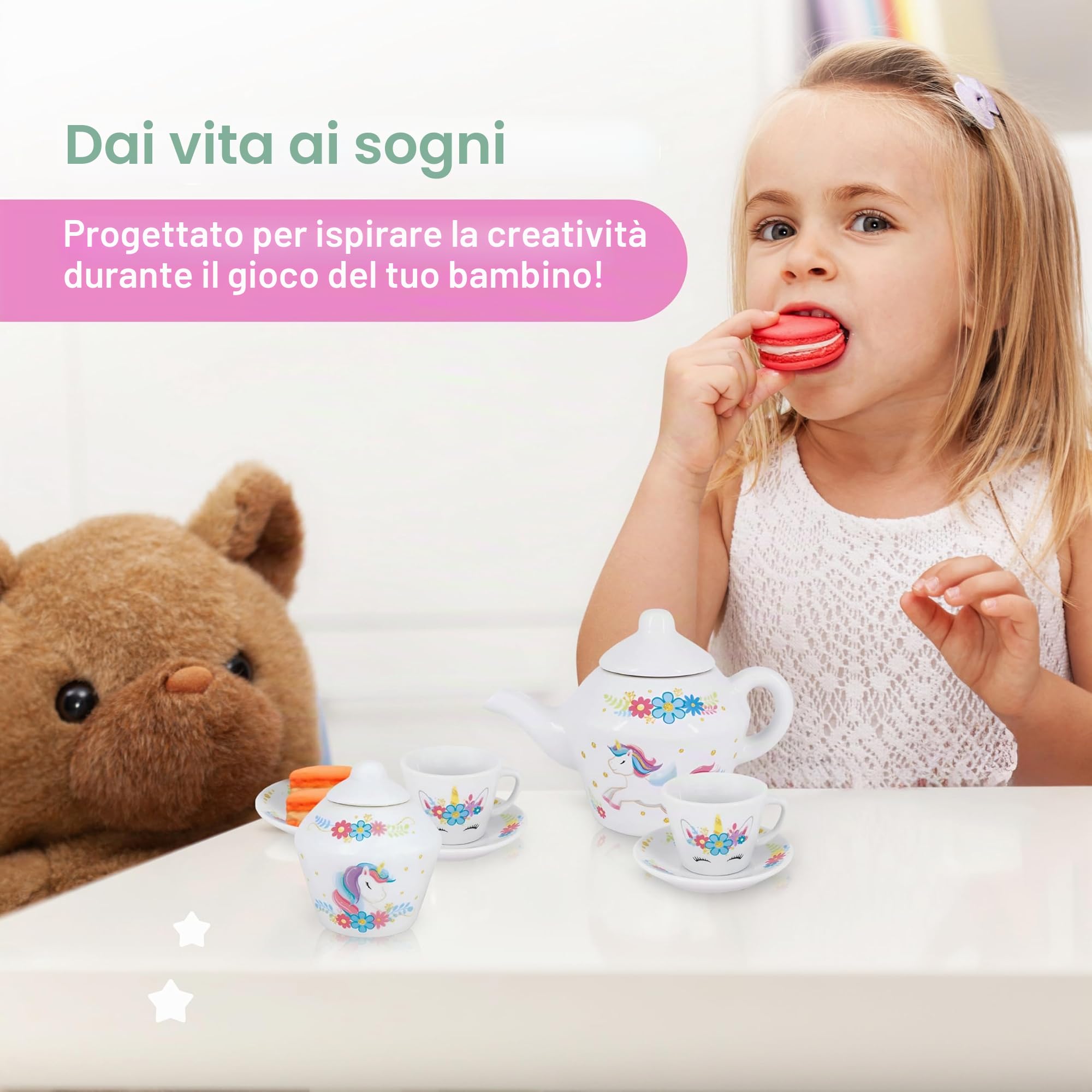 Jewelkeeper Set da tè in porcellana per bambine - Giocattolo da tè, Tazze da tè in ceramica rosa con scatola rosa - Regalo per bimbi di 3 anni - Design Unicorno, 13 pezzi