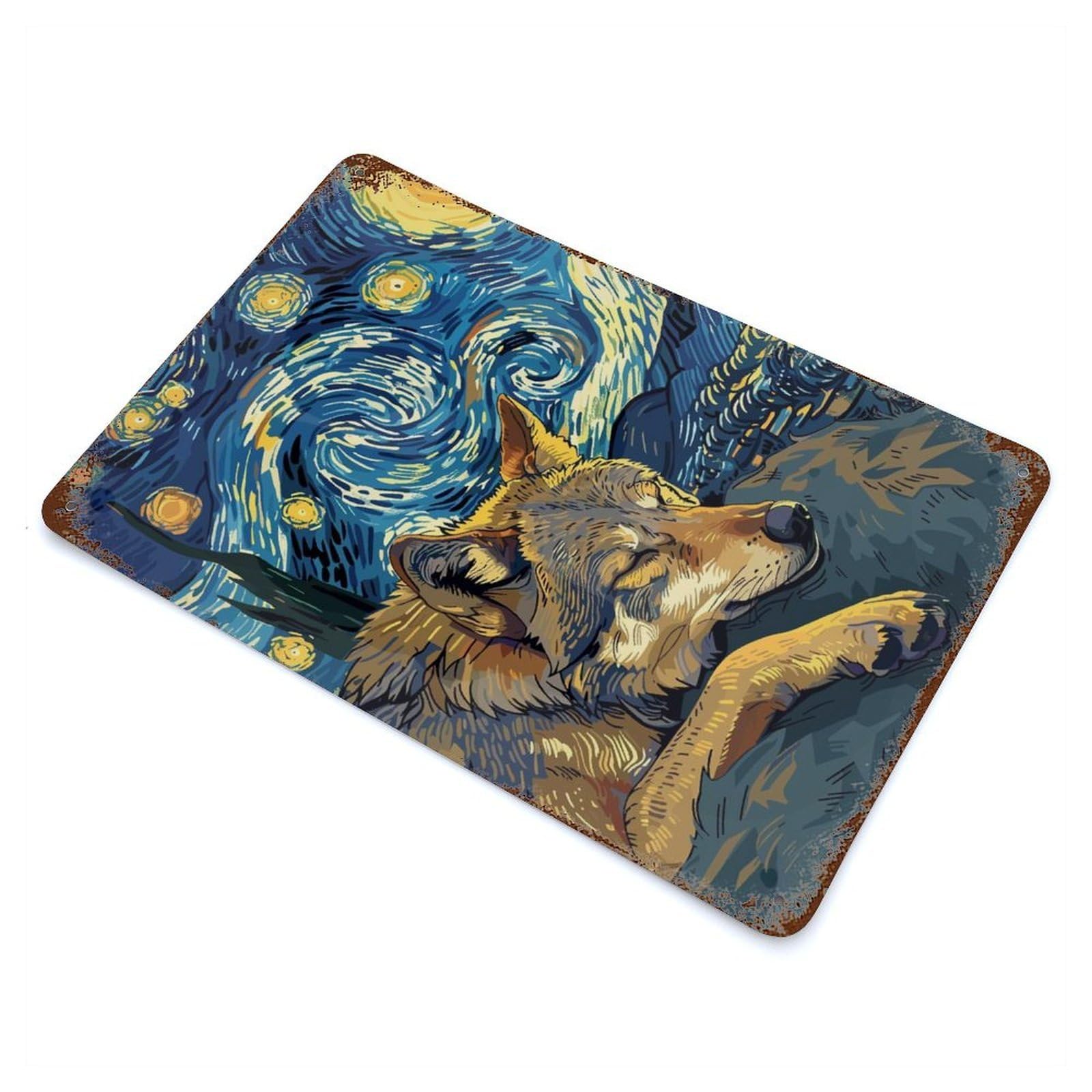Wolf Dreams Under Starry Night Sky Retro Metal Sign 11.8"x7.9", Rustic Home Decor for Garage, Pub Or Kitchen