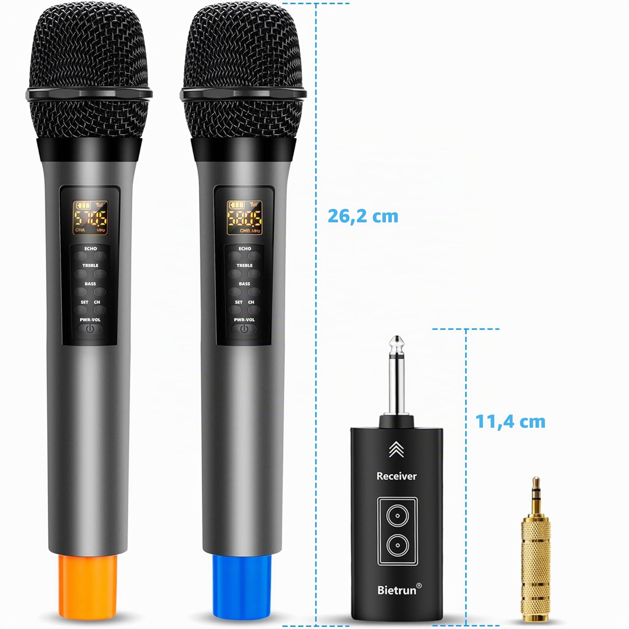 Microfoni senza fili Bietrun con eco, acuto, basso e Bluetooth, portata di 160 piedi, sistema microfonico dinamico portatile UHF con ricevitore ricaricabile per karaoke, canto, amplificatore, sistema