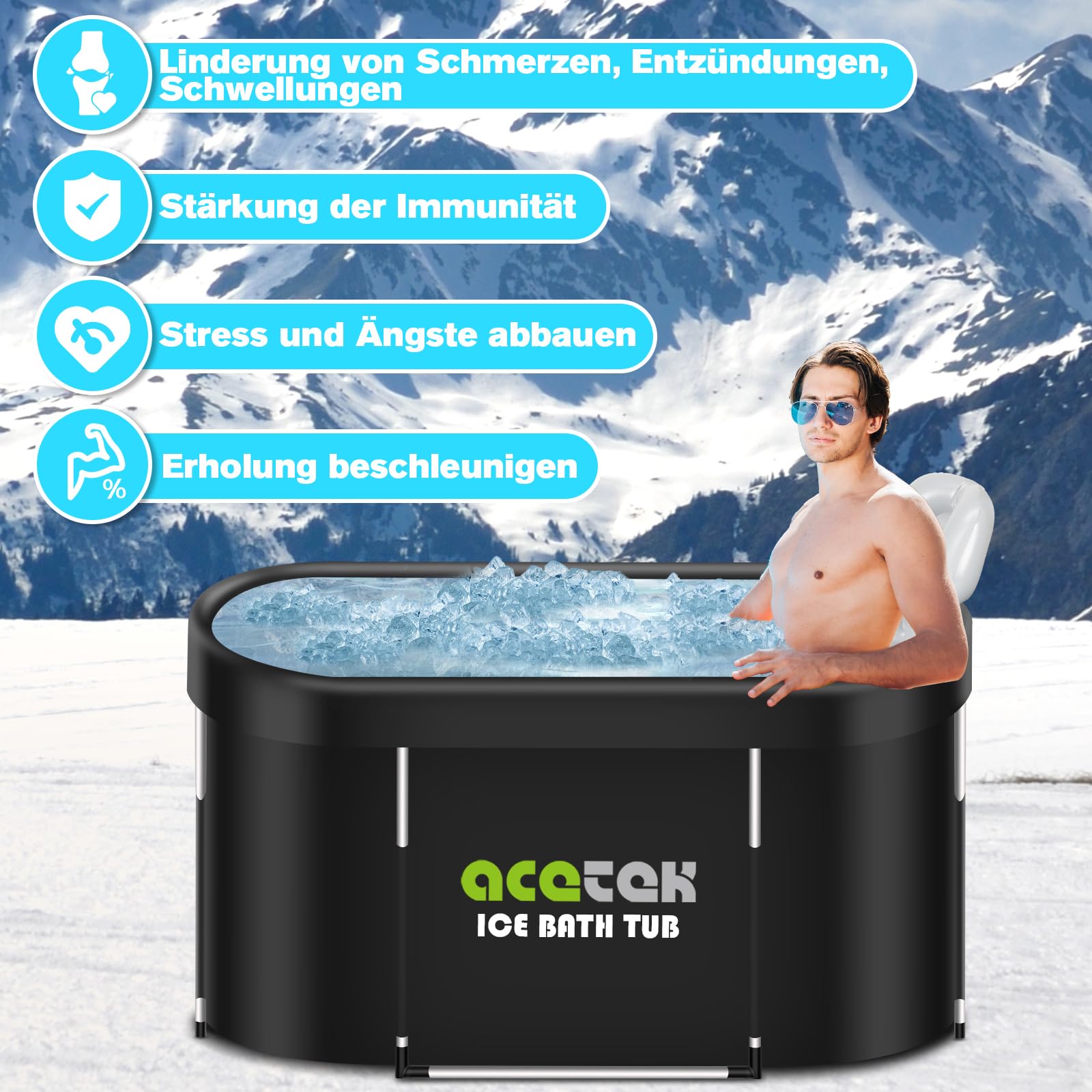 380 l, grande bidone ovale per il bagno di ghiaccio per atleti, multistrato, portatile, freddo, vasca da bagno per il riposo, per bagni di ghiaccio mobili, 115 cm, per interni ed esterni